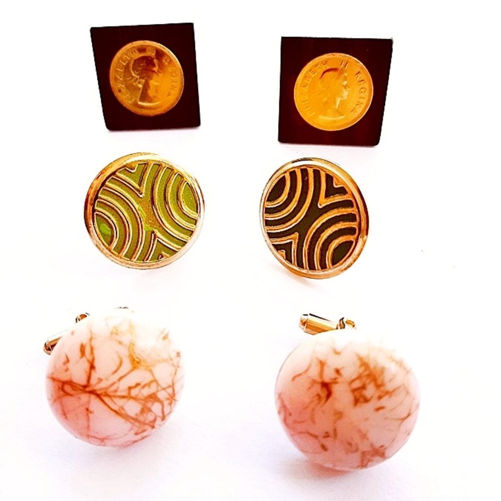 3 Piece Bundle Set Of 1960s Vintage Men's Large Cuff Links Mod Style Asstd Style